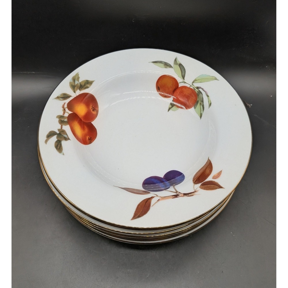 Royal Worcester Evesham Gold Rimmed Soup Bowls Set of 6 Fine Porcelain Fruit 9"